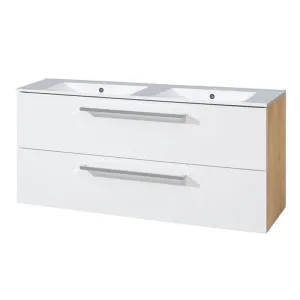 Bino koupelnová skříňka s keramickým dvoumyvadlem 120 cm, bílá/dub, 2 zásuvky