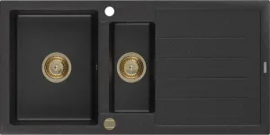 MEXEN/S Andres granitový dřez s odkapávačem 1000 x 500 mm černá/stříbrná metalik, zlatý sifon 6515101510-73-G