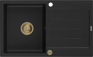 MEXEN/S Bruno granitový dřez 1-miska s odkapávačem 795 x 495 mm, černý, zlatý sifon 6513791010-77-G
