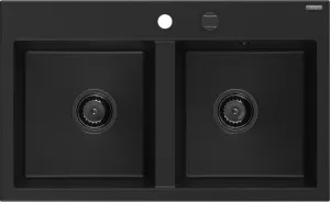 MEXEN/S Hektor granitový dřez 2-bowl 800 x 480 mm, černá, černý sifon 6521802000-77-B