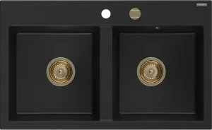MEXEN/S Hektor granitový dřez 2-bowl 800 x 480 mm, černá, zlatý sifon 6521802000-77-G