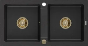MEXEN/S Mario granitový dřez 2-bowl 820x436 mm, czarny/srebrny metalik,+ zlatý sifon 6504822000-73-G