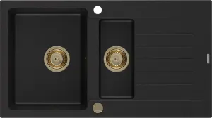 MEXEN/S Matias granitový dřez 1.5 s odkapávačem 900 x 505 mm, černý, zlatý sifon 6502901505-77-G