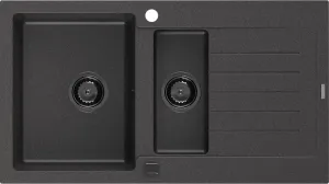 MEXEN/S Matias s granitový dřez 1.5 s odkapávačem 900 x 505 mm, černá kropenatá, + černý sifon 6502901505-76-B