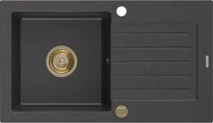 MEXEN/S Pablo granitový dřez 1 s odkapávačem 752 x 436 mm, černá kropenatá, + zlatý sifon 6510751010-76-G
