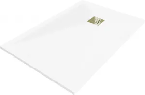 MEXEN/S Stone+ obdélníková sprchová vanička 140 x 70, bílá, mřížka zlatá 44107014-G