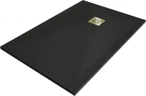 MEXEN/S Stone+ obdélníková sprchová vanička 90 x 80, černá, mřížka zlatá 44708090-G