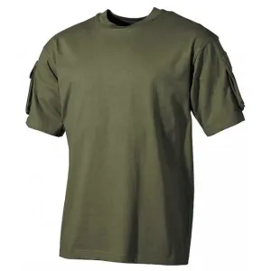 MFH US olivové tričko s velcro kapsami na rukávech, 170g/m2 - S