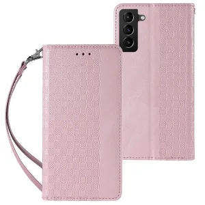 Hurtel Pouzdro s magnetickým popruhem pro Samsung Galaxy S22+ (S22 Plus) peněženkové pouzdro + mini šňůrka na krk růžová