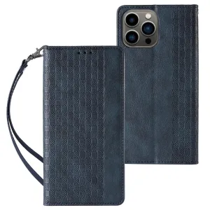 Hurtel Pouzdro s magnetickým popruhem pro iPhone 12 Pro Max peněženkové pouzdro + mini šňůrka na krk modrá