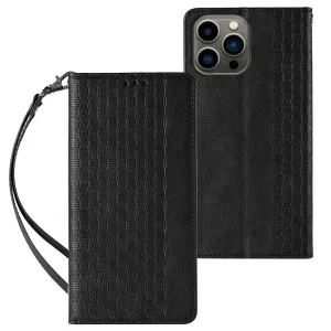 Hurtel Pouzdro s magnetickým popruhem pro iPhone 13 Pro Max peněženkové pouzdro + mini šňůrka na krk přívěšek černé barvy