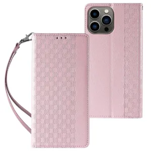 Hurtel Pouzdro s magnetickým popruhem pro iPhone 13 Pro Max peněženkové pouzdro + mini šňůrka na krk růžová