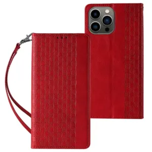 MG Magnet Strap knížkové kožené pouzdro na iPhone 12 Pro, červené
