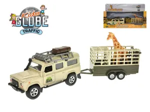 MIKRO TRADING - Kids Globe Traffic Land Rover Defender 14cm kov na zpětný chod s přívěsem 14cm a žirafou v