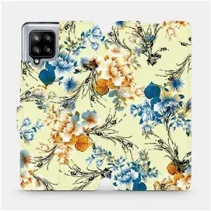 Flipové pouzdro na mobil Samsung Galaxy A42 5G - MX05S Modré a oranžové květy na žlutém pozadí