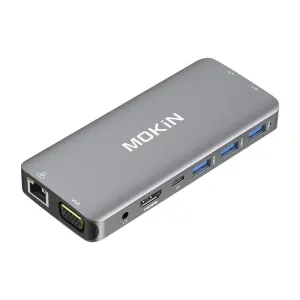 Adaptér Hub 10v1 MOKiN USB-C na 3x USB 3.0 + nabíjení USB-C + HDMI + 3,5mm audio + VGA + 2x RJ45 + čtečka Micro SD (stříbrný)
