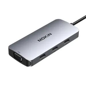 Adaptér HUB MOKiN 7v1 USB C na 2x HDMI + 3x USB 2.0 + DP + VGA (stříbrný)