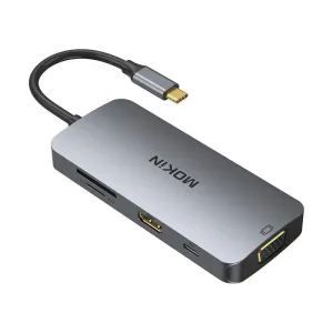 Adaptér MOKiN 8v1 z USB-C na 3x USB 3.0 + HDMI + USB-C + VGA + čtečka karet SD + čtečka karet Micro SD (stříbrný)