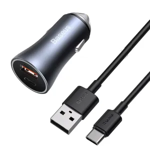 Autonabíječka Baseus Golden Contactor Pro, USB + USB-C, QC4.0+, PD, SCP, 40W (šedá) + kabel USB do USB-C 1m (černá)