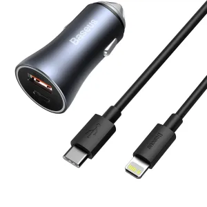 Baseus zlatá Contactor Pro Car Nabíječka, USB + USB-C, QC4.0+, PD, SCP, 40W (Tmavě gray) s Kabel Type-C do iP 1m černá