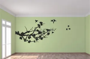 Nálepka na zeď do interiéru větev stromu a létající ptáci #4235839