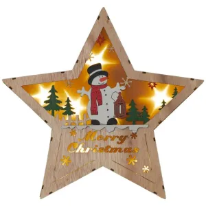 Nexos  86858 Dřevěná hvězda s motivem sněhuláka, 8 LED, teplá bílá