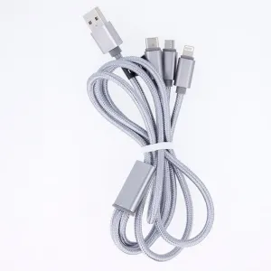 USB datový kabel - microUSB / USB-C / iPhone Lightning 2A 3v1 Fast charge nylon stříbrný