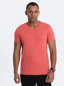 Ombre Clothing Bavlněné pánské korálové tričko s výstřihem do V V12-TSBS-0145