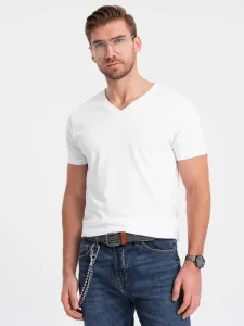 Ombre Clothing Trendy pánské bílé tričko s výstřihem do V V1 TSCT-0106