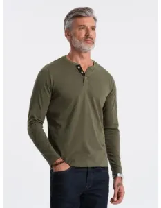 Pánské tričko s dlouhým rukávems výstřihem HENLEY tmavě olivový