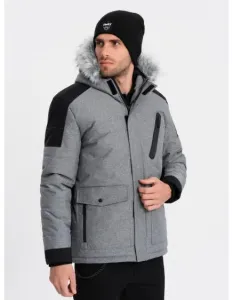 Pánská dlouhá zimní bunda s odnímatelnou kožešinou V1 OM-JAHP-0144 šedá a černá