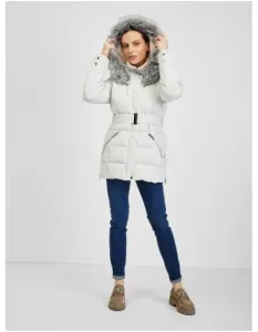 Krémová dámská zimní prošívaná bunda s páskem