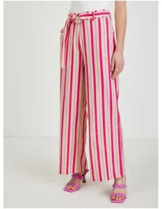 Růžové dámské lněné pruhované kalhoty