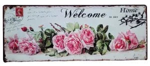 Béžová antik nástěnná kovová cedule s růžemi Welcome Home - 50*20 cm 8PL-138820501111