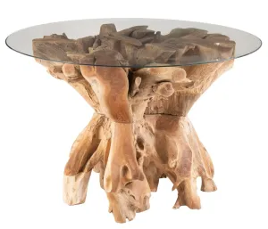 Přírodní jídelní stůl z teakového dřeva a skleněnou deskou na kmeni Raoul teak - Ø140*75cm 20981