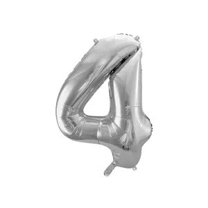 PartyDeco Fóliový balónek narozeninové číslo 4 stříbrný 86cm