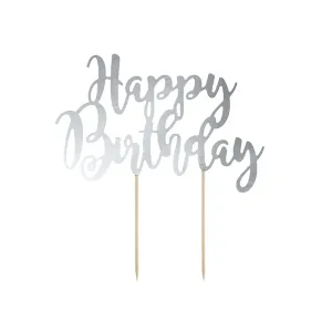 KPT11-018M Party Deco Zápich na dort - Happy Birthday, 22,5cm Stříbrná