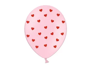 PartyDeco Růžový Balónek s červenými srdíčky