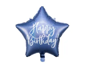 PartyDeco Fóliový balón hvězda - Happy Birthday královská modrá 40 cm