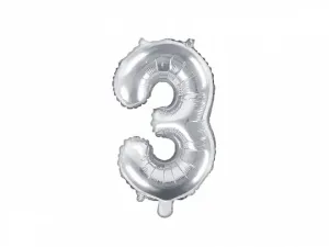 PartyDeco Fóliový balónek Mini - Číslo 3 stříbrný 35cm