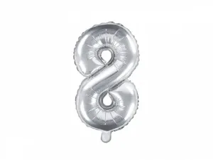 PartyDeco Fóliový balónek Mini - Číslo 8 stříbrný 35cm