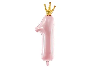 PartyDeco Fóliový balón narozeninové číslo 1 světle růžový - s korunkou