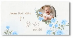 Personal Banner na křtiny s fotkou - Blue Flowers Rozměr banner: 130 x 65 cm