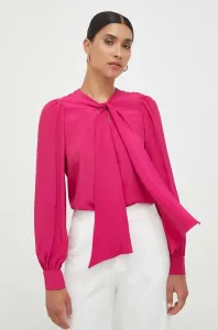 Košile s příměsí hedvábí Pinko růžová barva, regular, s vázaným výstřihem