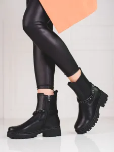 Designové  kotníčkové boty černé dámské na plochém podpatku #601164