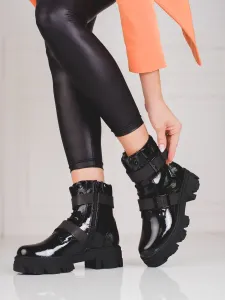 Jedinečné černé dámské  kotníčkové boty na plochém podpatku #601301