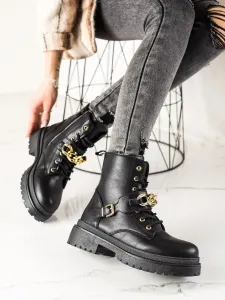 Krásné  kotníčkové boty černé dámské na plochém podpatku #598197