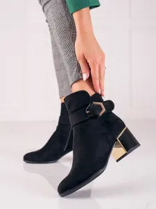 Originální  kotníčkové boty dámské černé na širokém podpatku #600540