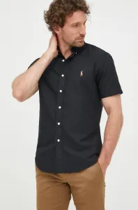 Bavlněné tričko Polo Ralph Lauren černá barva, slim, s límečkem button-down