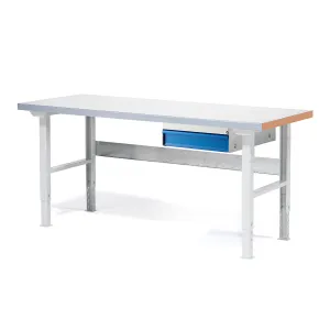 Dílenský stůl SOLID, 1500x800 mm, nosnost 750 kg, 1 zásuvka, ocelový povrch